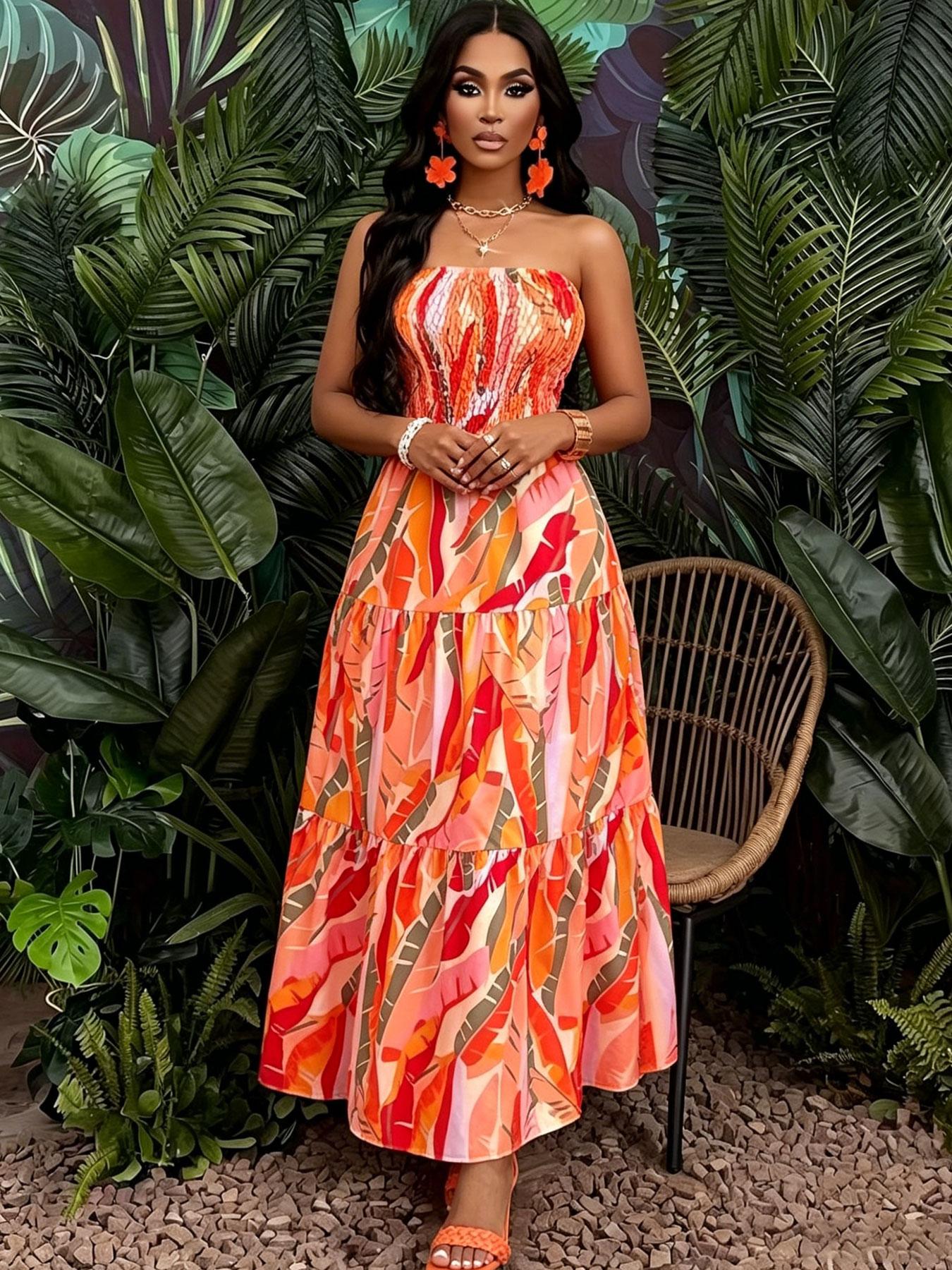A women's orange-red color-block tropical floral print strapless tube long fashionable dress, suitable for summer, island vacations, tropical trips, and summer parties.