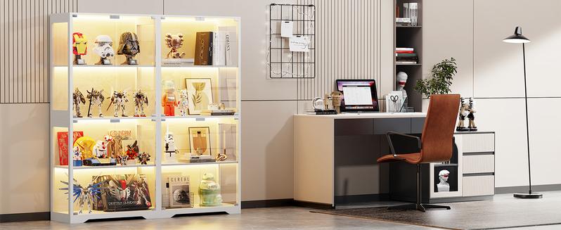 Brottar Display Cabinet with Glass Doors, Storage Cabinet with 3 Color Light, 4-Tier Curio Cabinet Bookcase for Collectibles, Toys, Books, for Playroom, Bedroom, Study Room, White