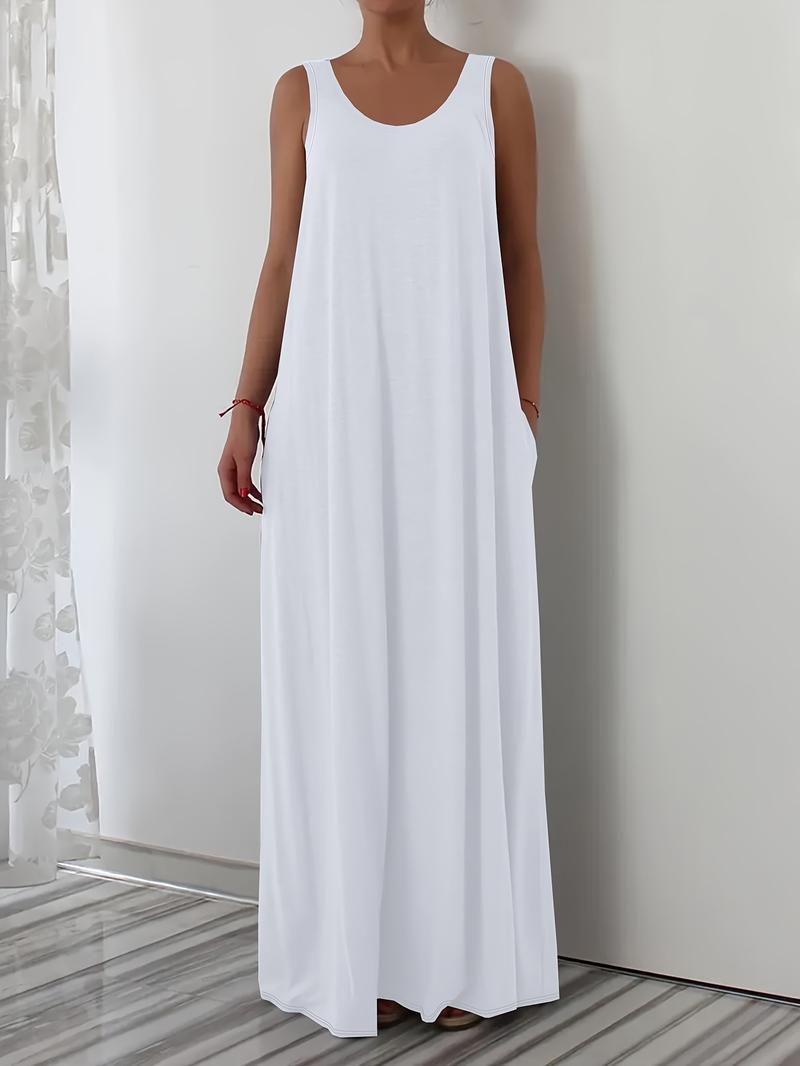 Elegant Plus Size Women's Sleeveless Round Neck Plain Vest Dress, Casual Home Wear, Comfortable Fit, Multiple Colors Available