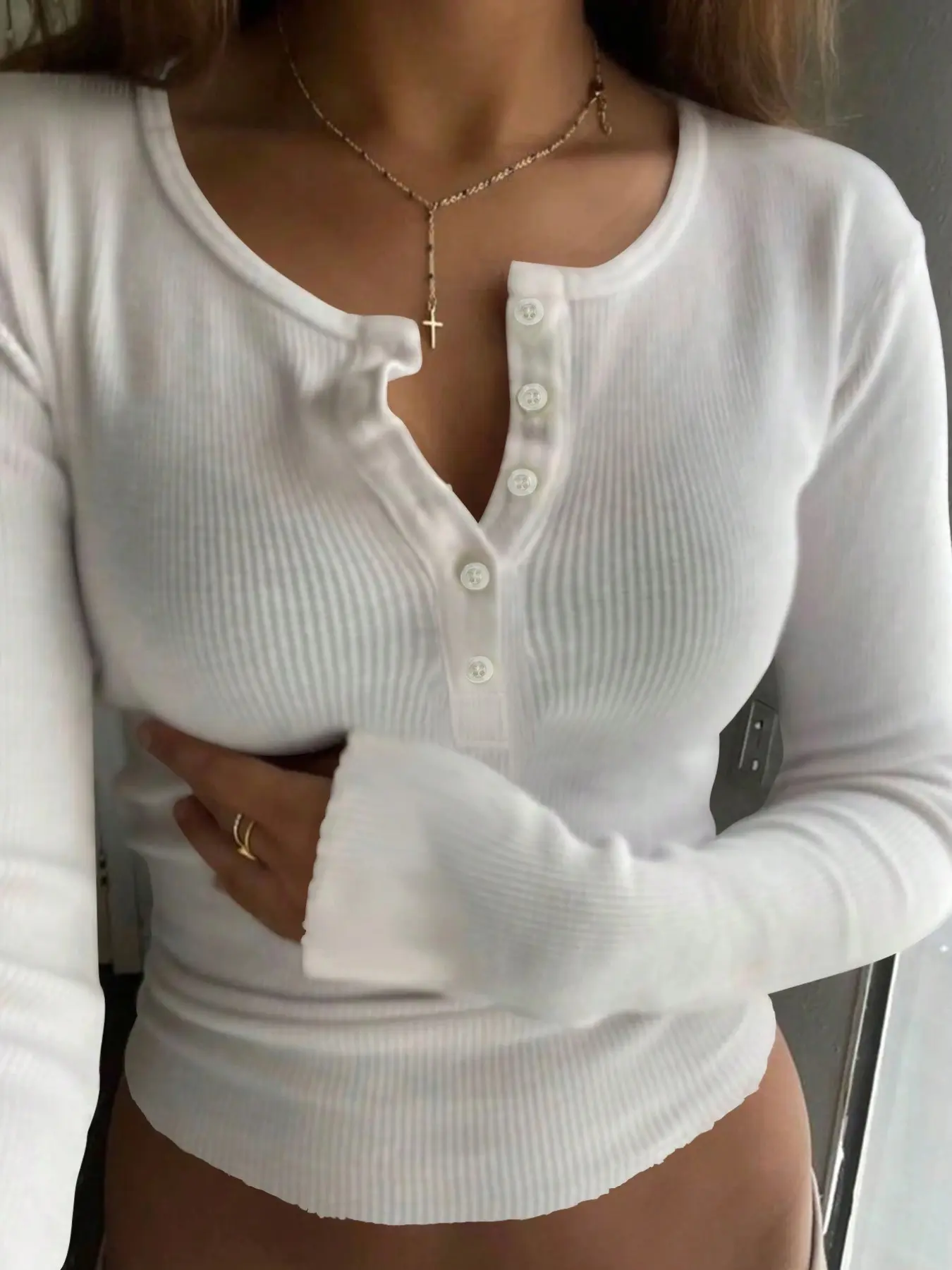 Women's Ribbed Button Front Design Long Sleeve T-Shirt, Casual Loose-Fitting Top for All Seasons, Comfortable Daily Wear, Stylish Ladies' Clothing