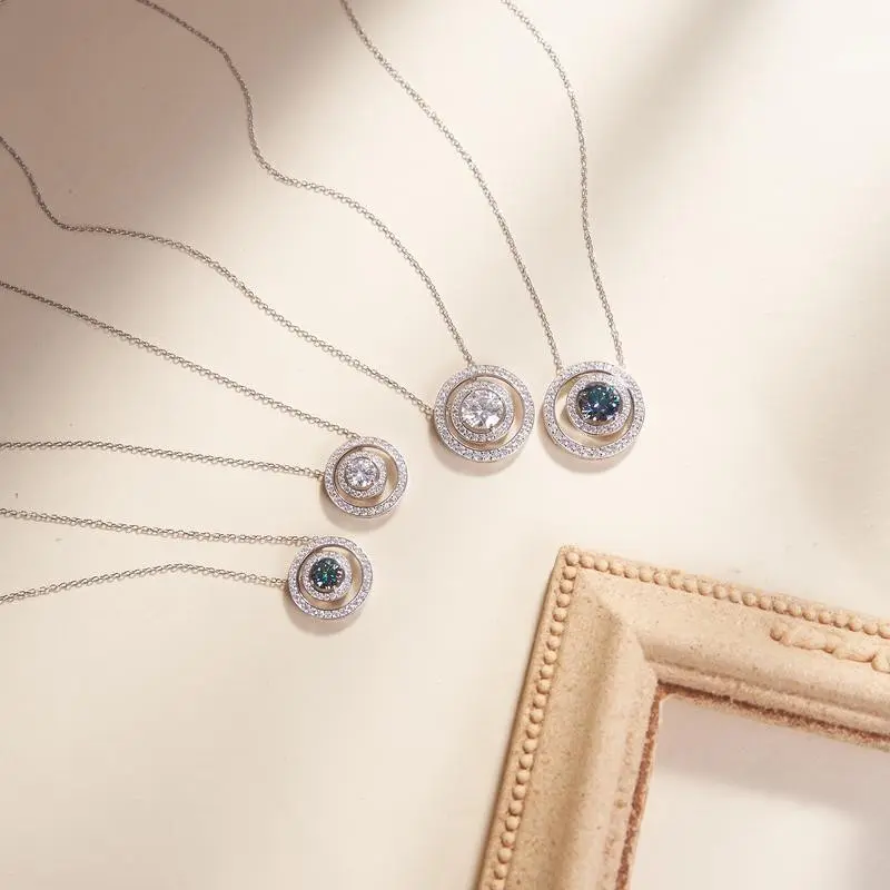 Synthetic Moissanite Pendant Necklace 1CT/3CT White Aurora Double Halo Design Linked Zirconia Circles
