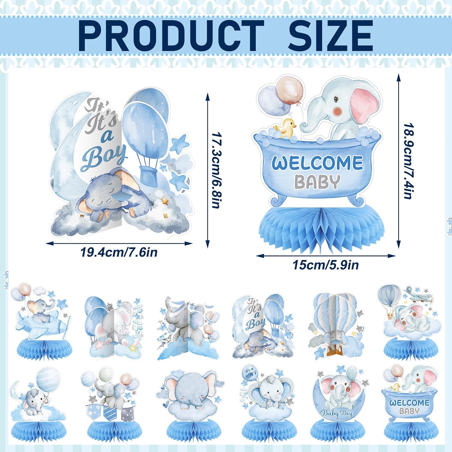 12-Piece Honeycomb Tabletop Decorations Set - Balloons, Star, Moon, Elephant Table Toppers for Gender Reveal, Baby Shower, Birthday Party Supplies