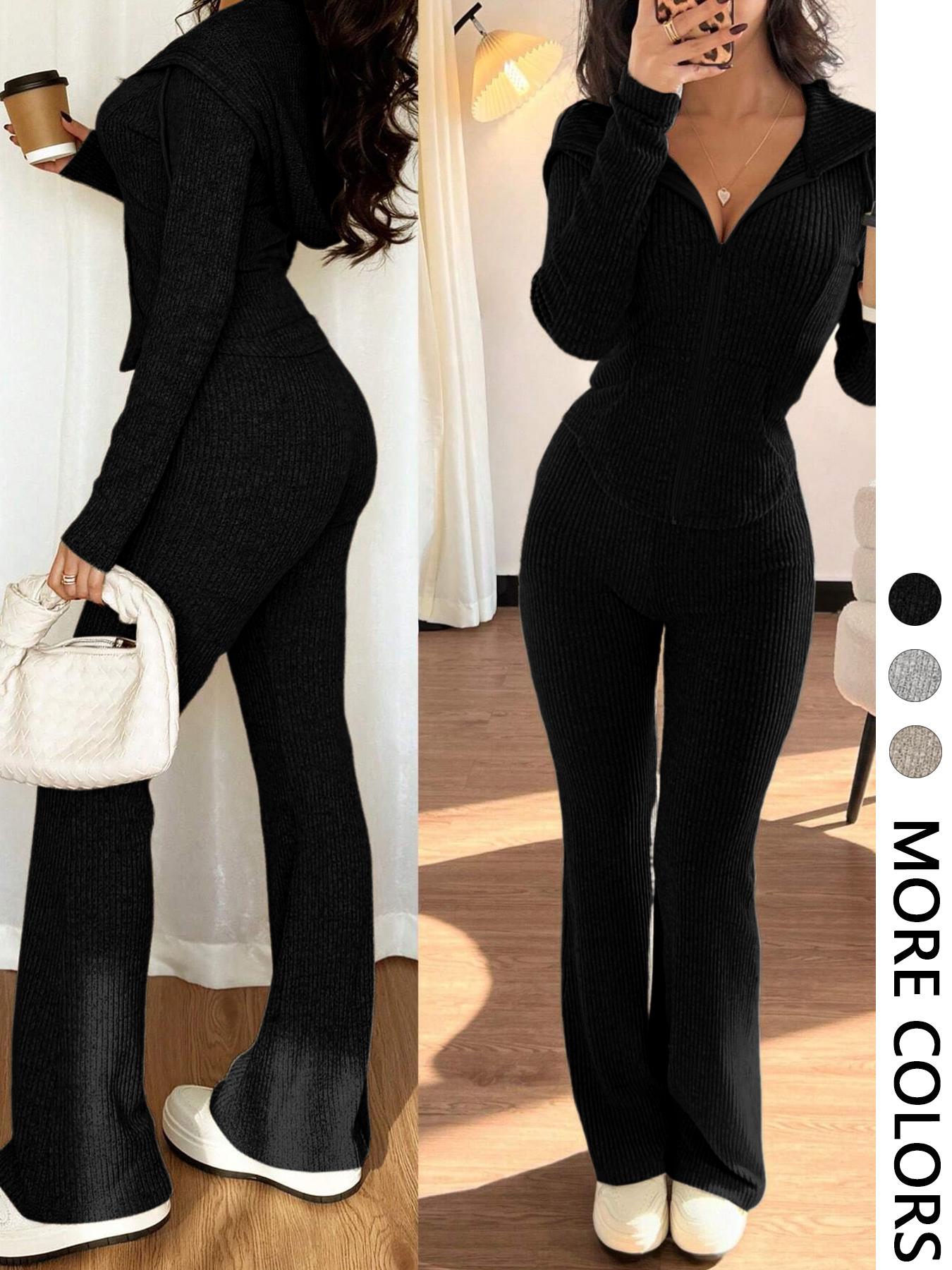 Classic Suit Set, Casual Hooded Fitted Long Sleeve Jacket & Flared Knit Pants Set, Two-Piece with Pockets, Comfortable Fashion for Daily Wear Womenswear, Curve Hugging, Stylish, Waist Cinching, Comfy, Minimalist Chic
