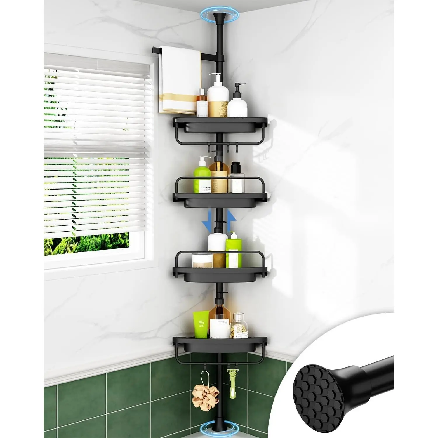 Corner Shower Caddy Tension Pole, Extendable Rustproof Stainless Steel Pole & 4-Tier Adjustable Shelves for Easy Drainage and Built-to-Last Stability, 34 to 116 Inches, Black