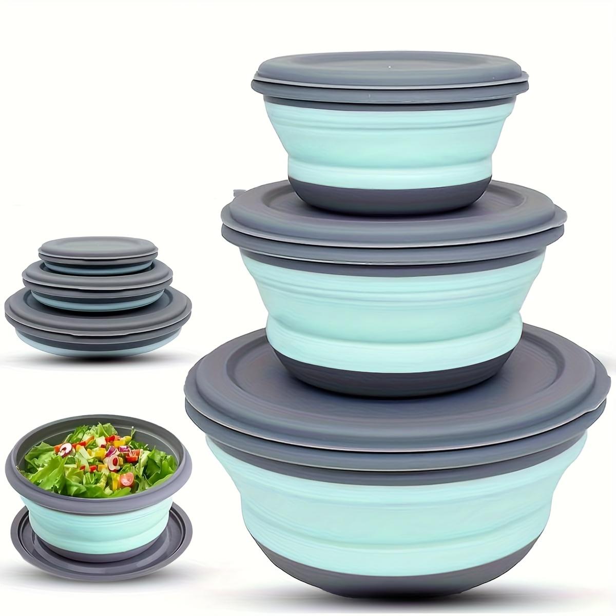 3-Pack Foldable Camping Bowls with Lids, Expandable Food Storage Containers, Stackable Durable Bowls for Salad and Lunch, Essential Camping Gear