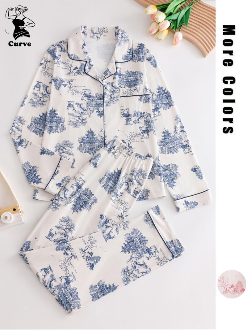 【Plus Size】 Two-Piece Set Landscape Ink Painting Print Shirt & Pants Pajama, Casual Comfy Long Sleeve Lapel Neck Button Front Pocket Top & Elastic Waist Trousers Pj Set, Women's Sleepwear for All Seasons