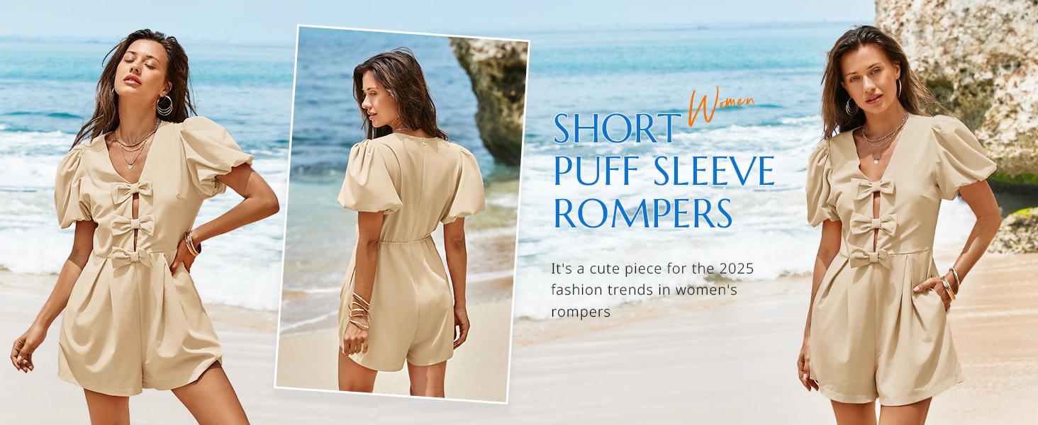 【BOGO 50% Off 】Cicy Bell Womens Cute Rompers Bow Front Puff Sleeve V Neck Short Jumpsuits Sexy Summer Outfits with Pockets