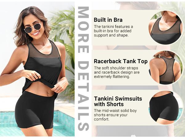 Yonique Women's Two Piece Athletic Tankini Swimsuits with Shorts, Mesh Shoulder Racerback Tank Top & Mid-Waist Solid Boy Shorts, Two-Piece Sporty Swimwear with Boy-Leg Bottoms