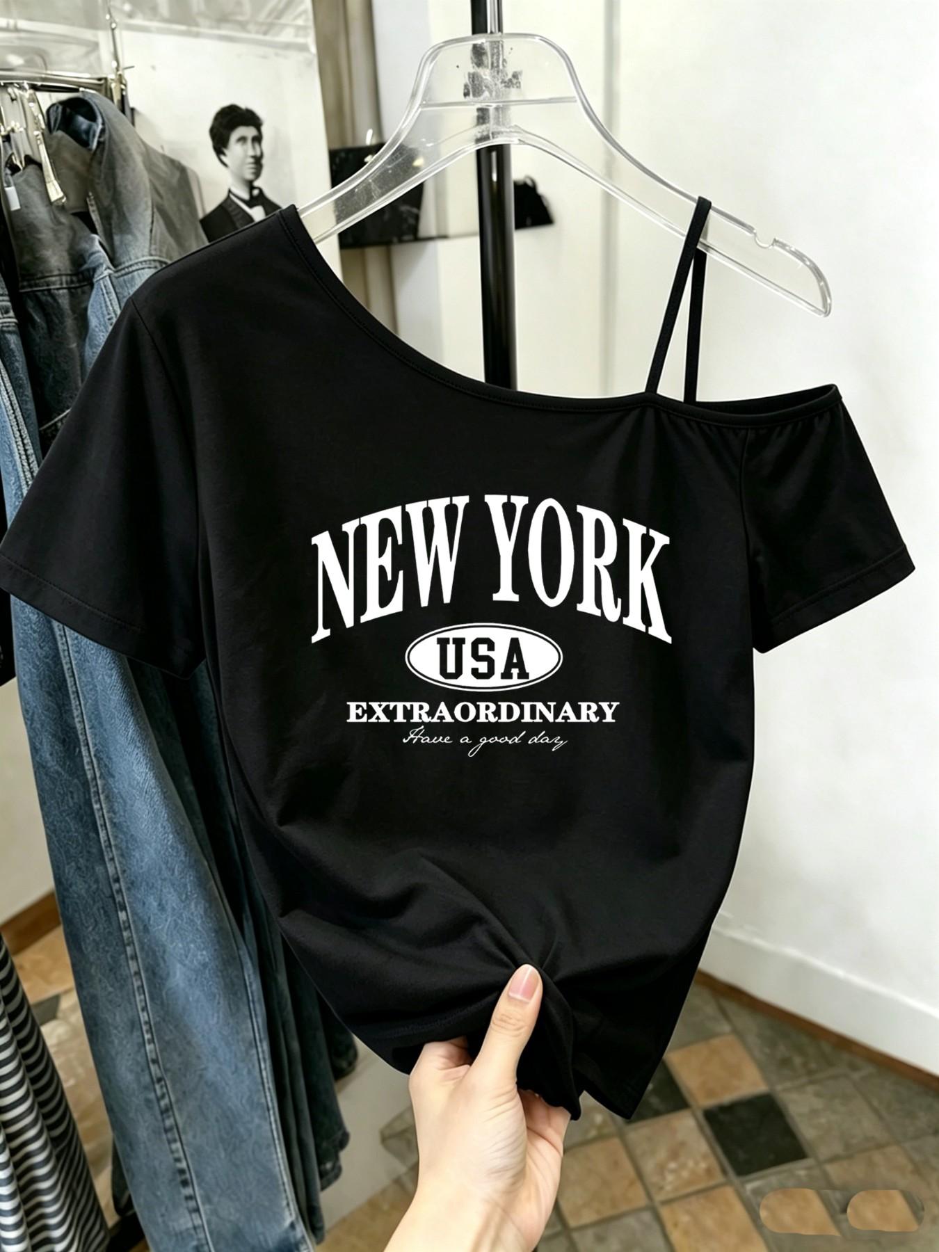 Women's Casual Asymmetrical Shoulder Letter Print Short Sleeve Top, Fitted Unlined Tee, All-Season Wear, Casual Chic Top