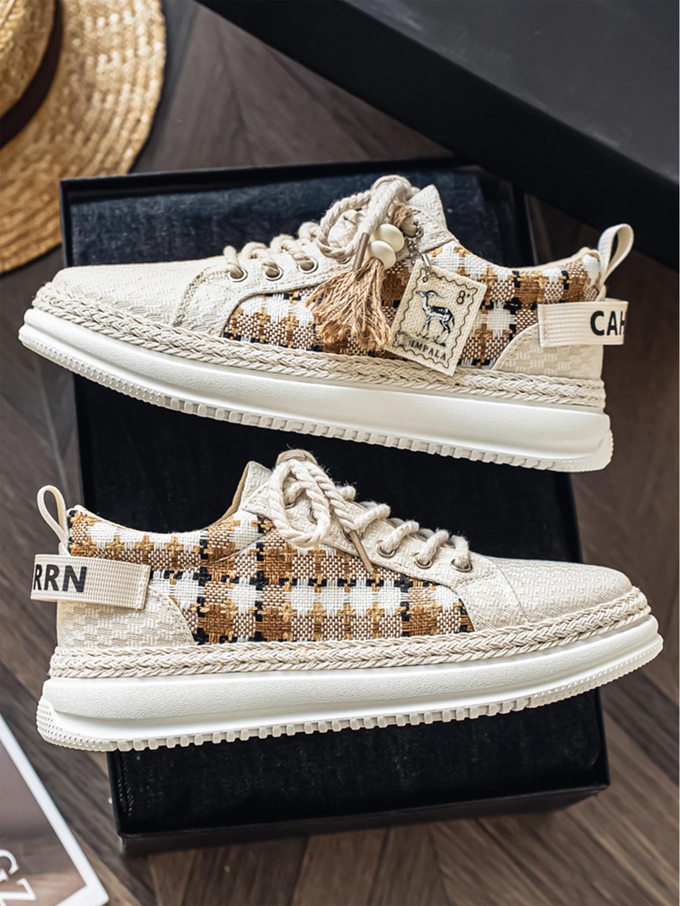 Summer New Men's Retro Plaid Laces, Braided Rope Shoelace Design, Easy-On-Off Hemp Laces, Commuter & Casual Shoes, Versatile Footwear