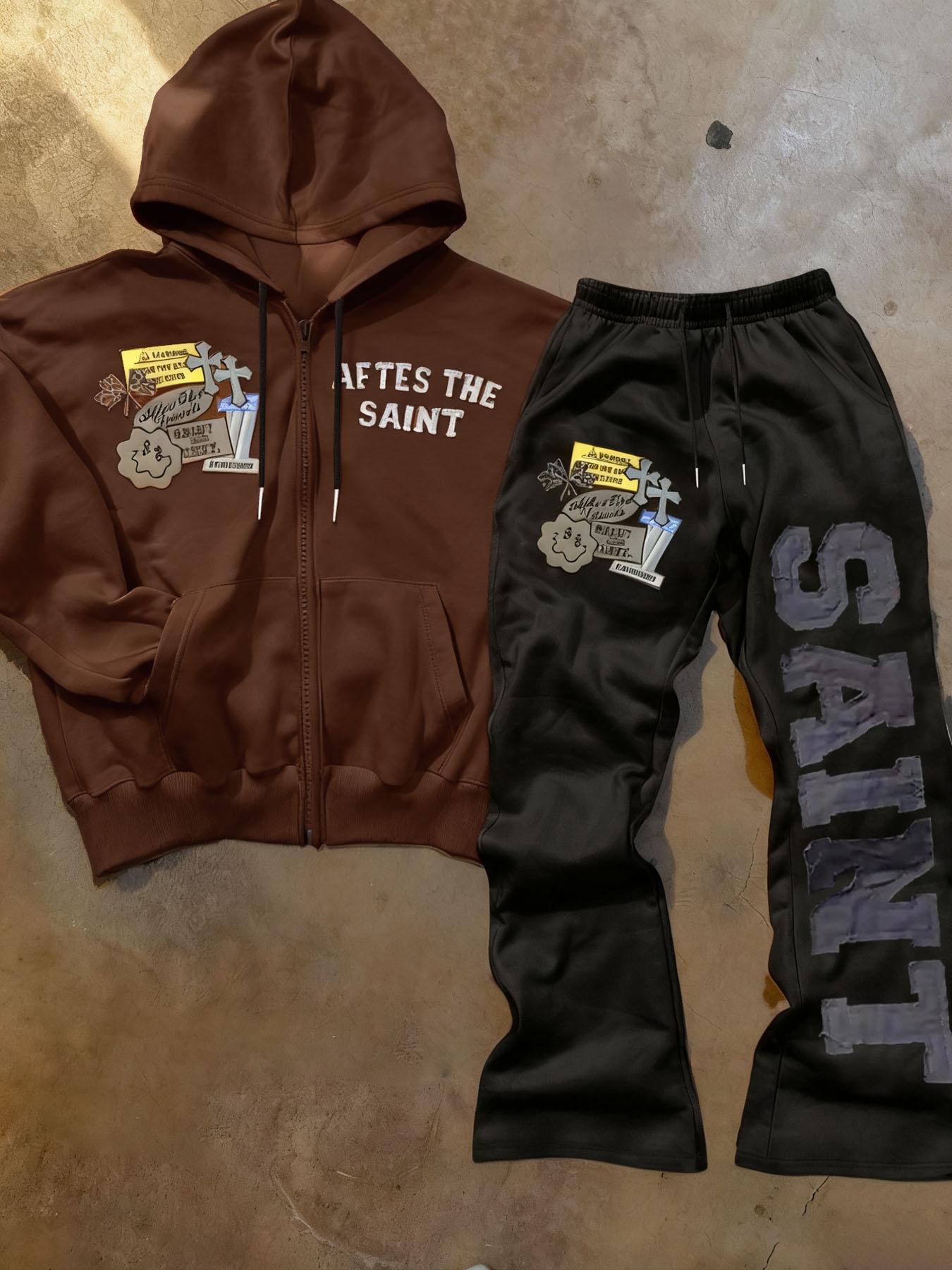 After the Saint Goth Graphic Tracksuit, with Avant-Garde Patches and Bold Text, Street Style for Fashion Enthusiasts