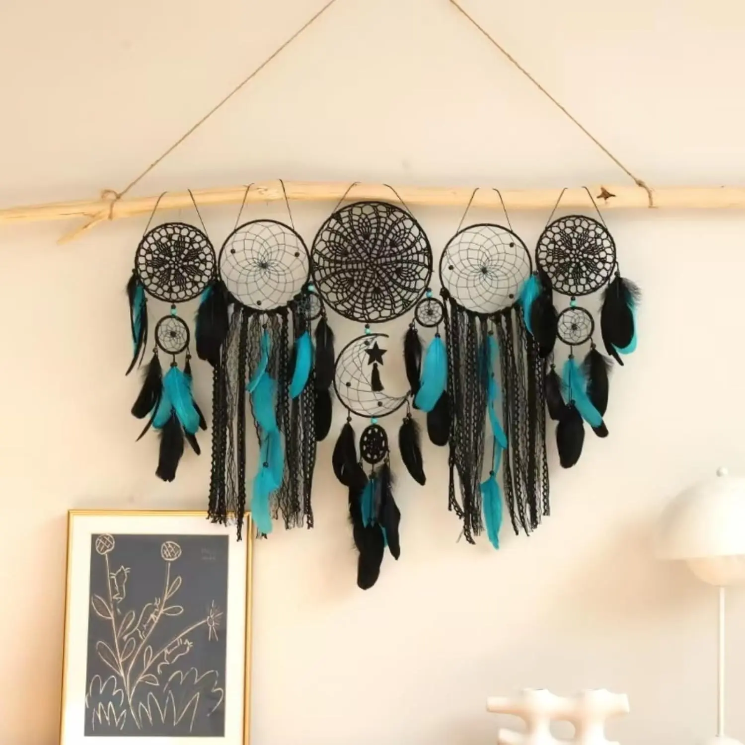 5 Pack Moon Phase Dreamcatcher Set Boho Wall Decor for Witchy Gifts,Macrame Decor with Feathers Hanging for Home, Bedroom, Living Room (Black Blue)