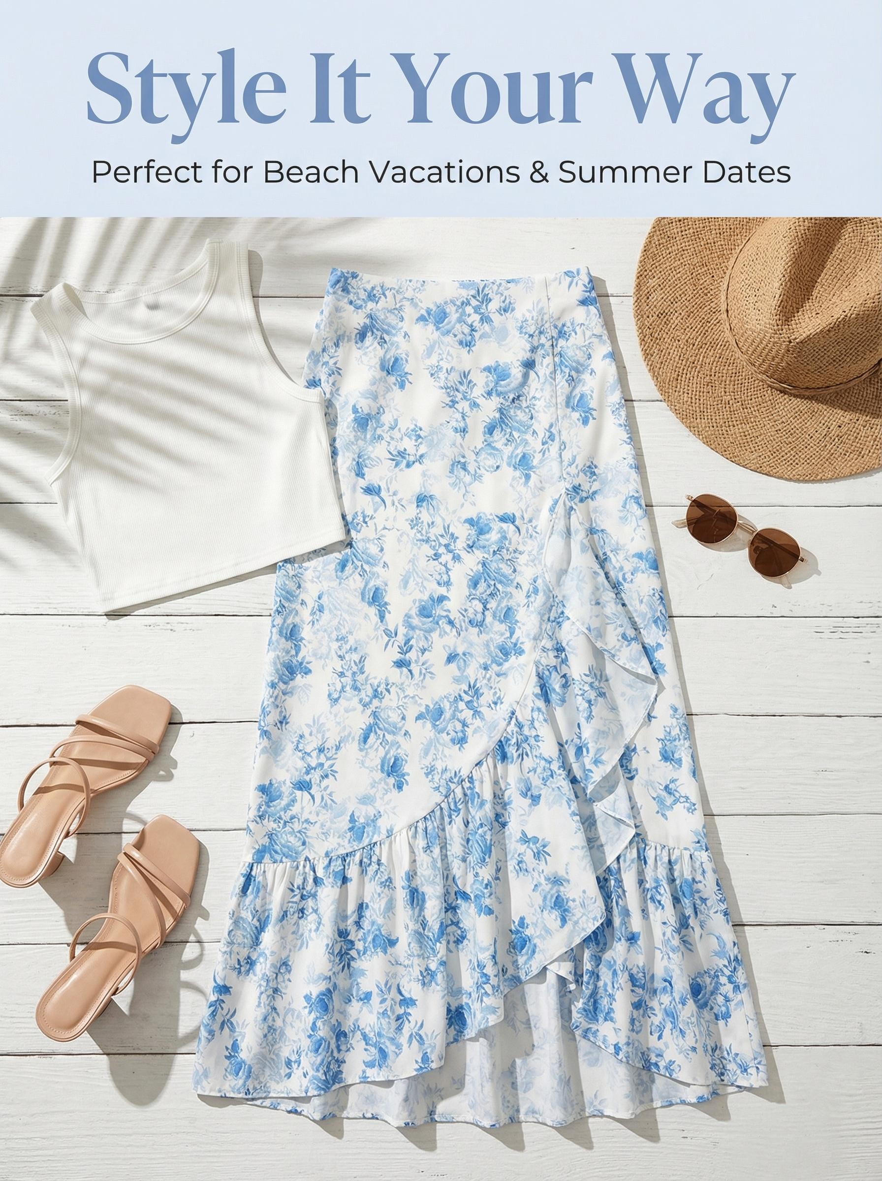 Bohemian Elegant Floral Print Irregular Ruffle A-Line Midi Skirt, Loose-Fitting Design for Garden Parties & Beach Vacations, Spring