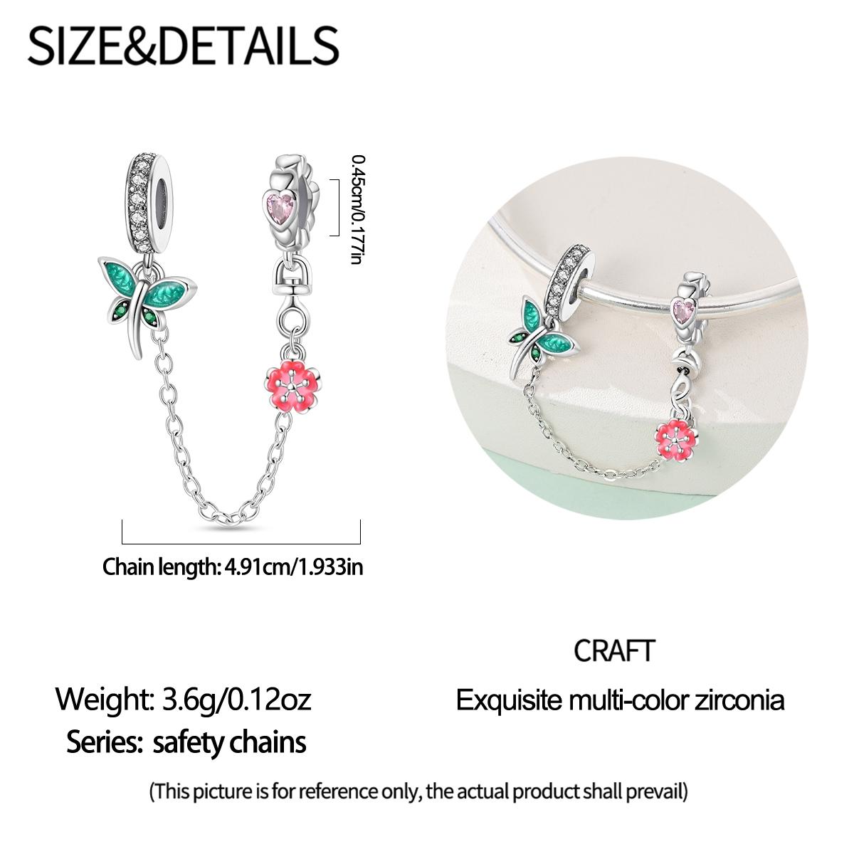Single Piece Flower Safety Chain Charm, Dragonfly Cherry Blossom Arrow Design, Botanical Floral Jewelry for Pandora Bracelet