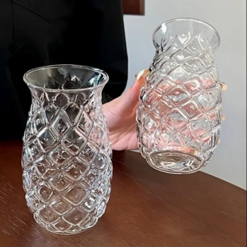 Creative Embossed Pineapple Glass Cups, Drinking Glasses, Glass Beverage Cups, Unique Glass Mugs for Coffee, Cold Drinks & Sparkling Water, Glass Iced Coffee Cups, Stylish Drinkware for Home Use