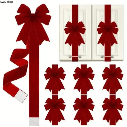 Wine Red Velvet Christmas Bow & Ribbon Set (4/6/8Pcs), Elegant Polyester Large Decorative Bows, Reusable Festive Ornament for Cabinet Doors, Gift Wrapping and Christmas Party Decoration