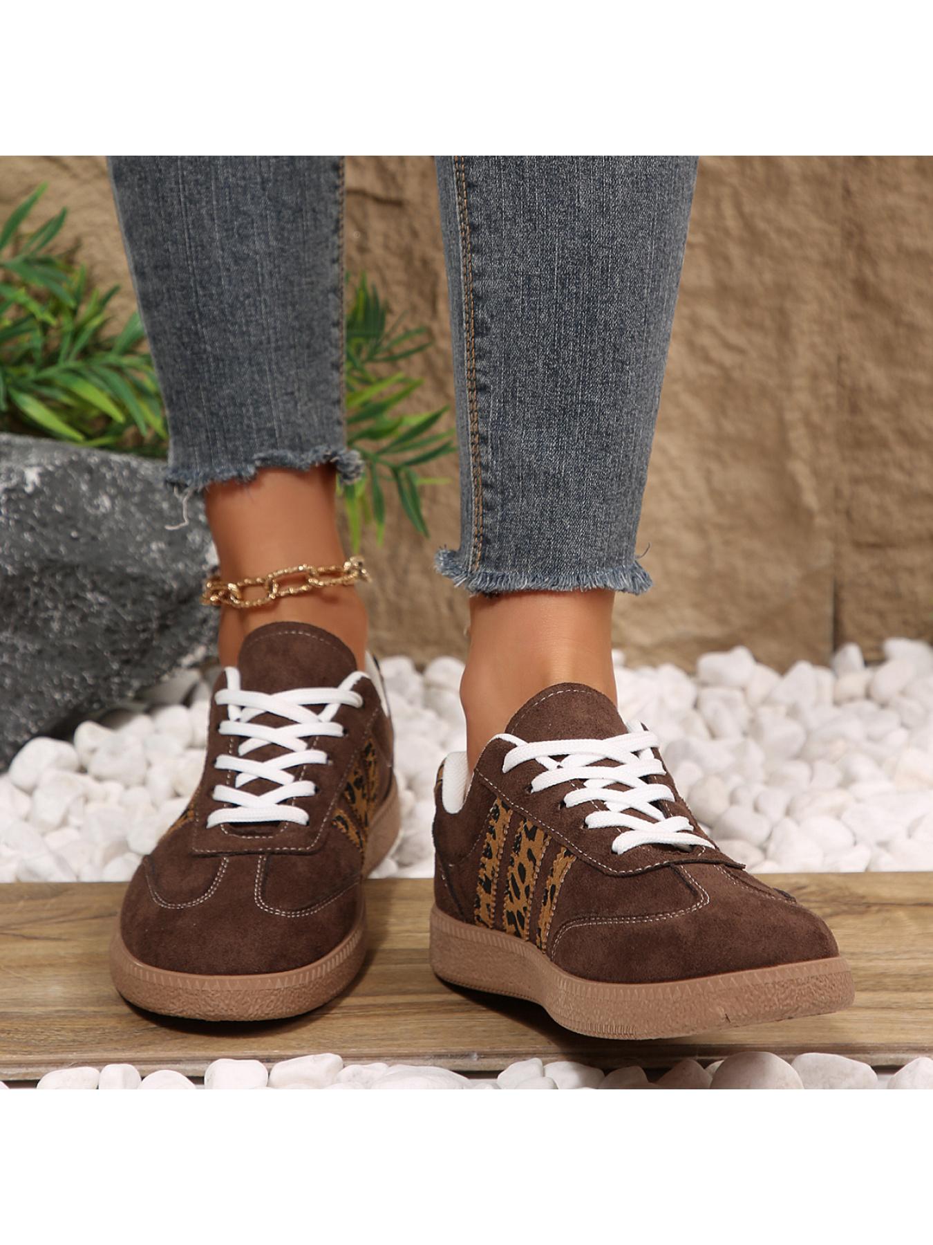 Women's 2.5cm Platform Leopard Print Sneakers, Black/Beige, Retro 3-Stripe Casual Shoes