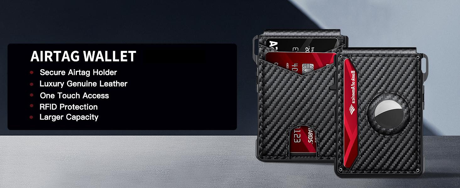 Men's Minimalist Bifold Wallet with AirTag Compartment & RFID Blocking - Pop-Up Quick Access Card Holder, Holds 12 Cards + Cash, Carbon Fiber - Perfect Gift (AirTag Not Included)