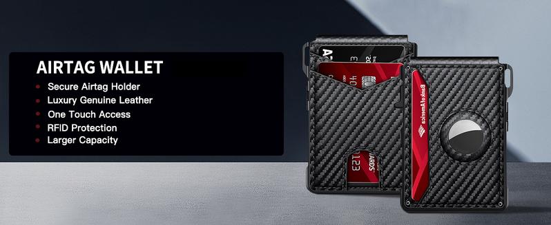 Men's Minimalist Bifold Wallet with AirTag Compartment & RFID Blocking - Pop-Up Quick Access Card Holder, Holds 12 Cards + Cash, Carbon Fiber - Perfect Gift (AirTag Not Included)