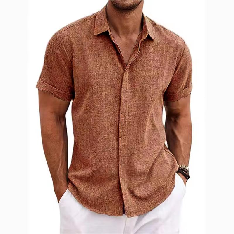 Men's Plain Linen-Polyester Short-Sleeve Button-Down Shirts - Loose-Fitting, Collared Neck, Lightweight, Breathable, Skin Friendly, Street Casual Tops for Daily, Semi-Formal Menswear