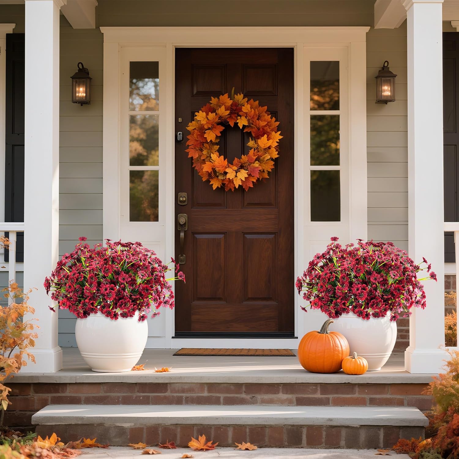 Artificial Fake Plants Flowers, Artificial Potted Flower for Outdoor Outside Fall Decoration,12 Bundles Faux Silk Daisy in Planter UV Resistant Look Real for Home Front Door Porch Patio Garden Balcony Autumn Decor(Brown)