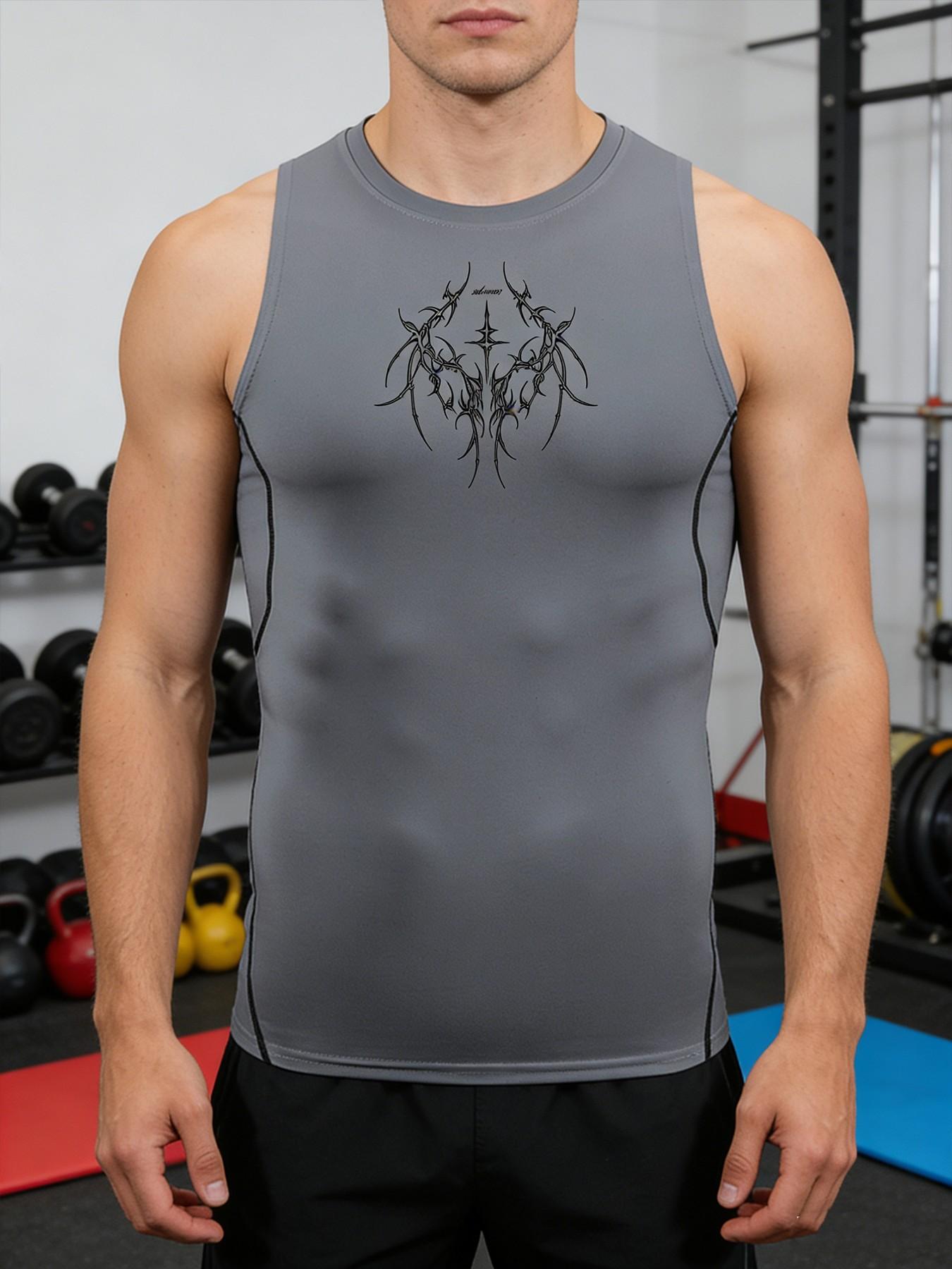 Y2K Aesthetic Compression Tank Top Men Summer Athletic Quick Dry Sleeveless Gym Workout Vest Gothic Tribal Star Cross and Thorn Graphic Print Sport Muscle Tee
