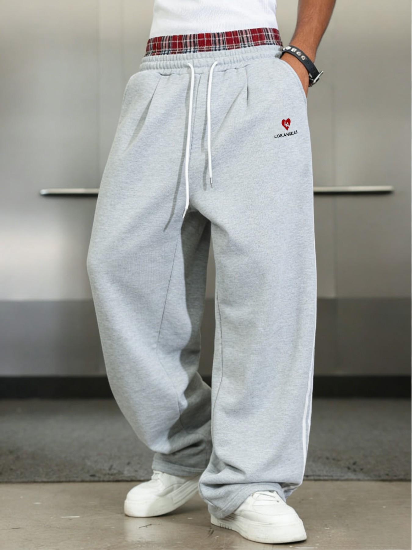 American Vintage Los Angeles Heart Pattern Plaid Patchwork Waist Loose Wide Leg Sweatpants, Daily Casual Wear, Comfortable and Stylish