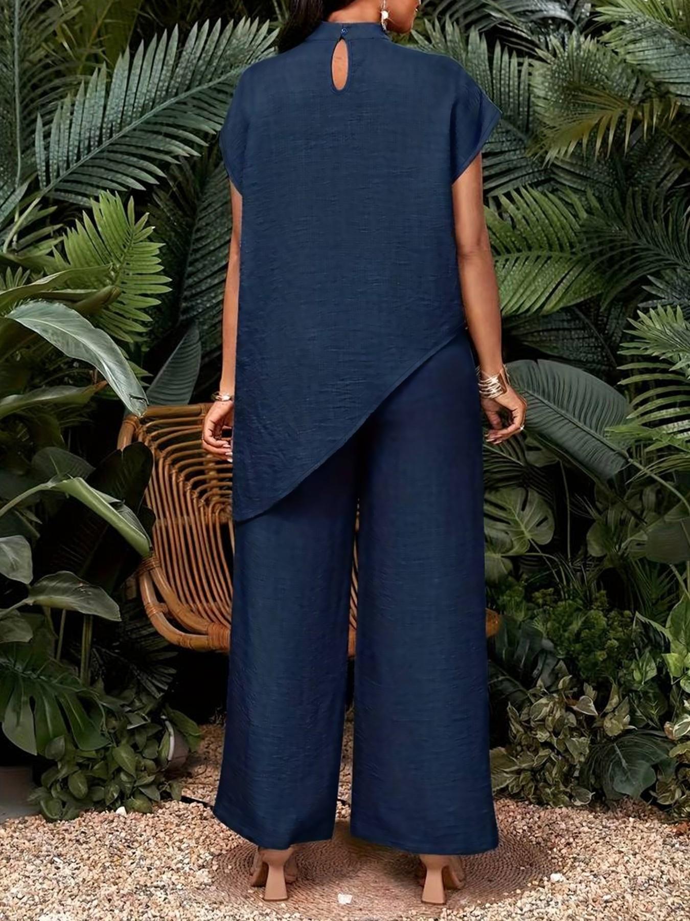 Summer Women's Suit Set, Wide Leg Pants Set, Casual Two-Piece Set, Stand Collar Sleeveless Top, Asymmetrical, High Waist, Business