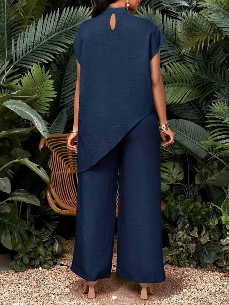 Summer Women's Stand Collar Asymmetrical Top & High Waist Wide Leg Pants Suit Set, Casual Two-Piece Set for Business, Womenswear, Casual Pantsuit