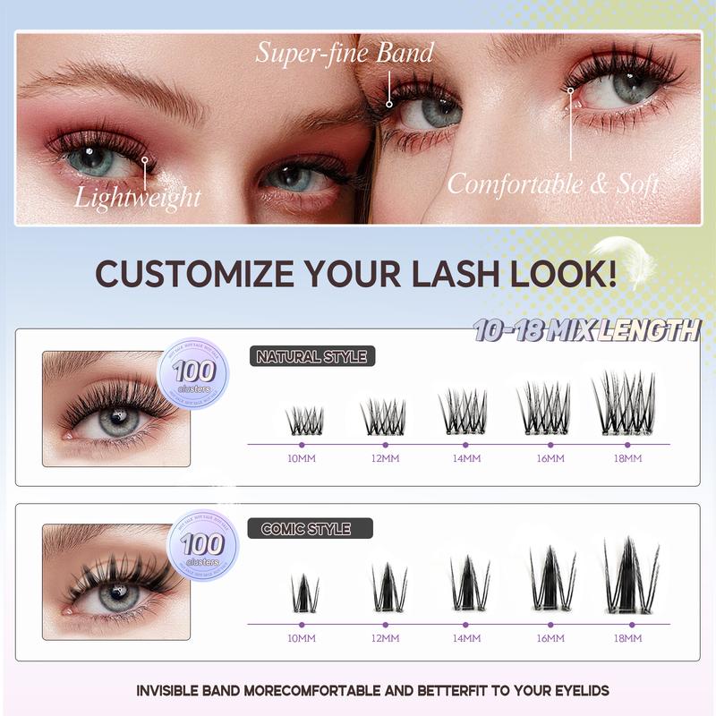 Maxfull Glueless Lashes Bendable Invisible Band Super Strong Hold Lash Clusters Kit 10-18mm DIY Self Adhesive All‑Day Hold Eyelashes Extensions Kit D Curl Anime&Natural Dual Style Fluffy Wispy Pre-Glued Eyelash Beginner-Friendly Press‑On & Easy Remove