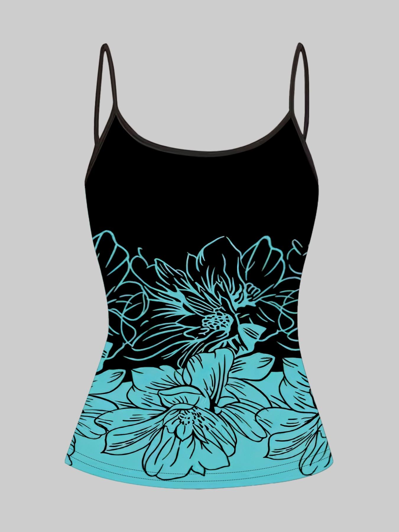 Lake Blue Floral Leopard Print Strappy Top, Summer Home Sleepwear Outerwear, Unique Slim Fit Shirt Set of Four Pieces