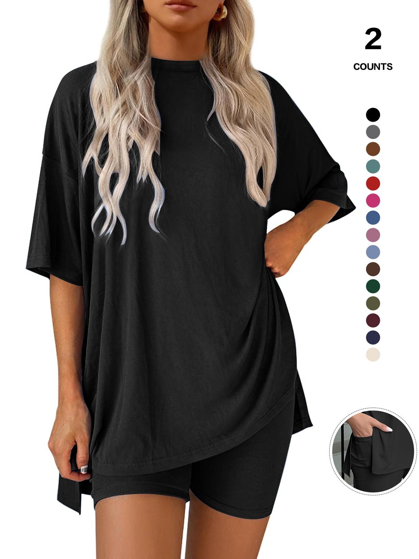 Cozy Mama Lounge Set, Women's 2-Piece, Crew Neck Oversized T-Shirts, Comfortable Home Wear, Perfect for Relaxing at Home