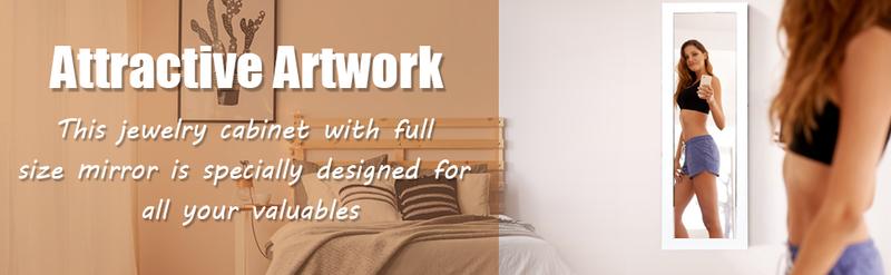 Karlhome Jewelry Cabinet Armoire, Lockable Wall-Mounted Organizer Unit with 2 Plastic Cosmetic Storage Trays, Full-Length Frameless Mirror, Christmas Gifts, White Karlhome Jewelry Cabinet Armoire, Lockable Wall-Mounted Organizer Unit with 2 Plastic Cosmetic Storage Trays, Full-Length Frameless Mirror, Christmas Gifts, White