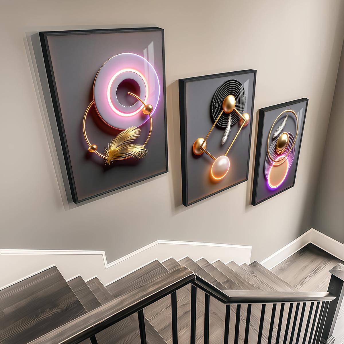 3 Counts Aluminum Alloy Framed Painting, Modern Geometric Feather Art Pictures, Home Decoration For Living Room, Bedroom, Office, Restaurant, Hallway Wall Decor, Odorless Print Artwork, Luxury Perfect Gift For Friends And Family