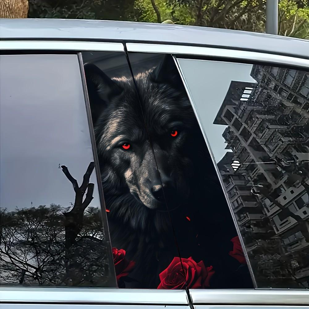 Edgy Tough Guy B Pillar Decal - Black Wolf Rose Red Eyes 3D Realistic Universal Window Pillar Modification Sticker