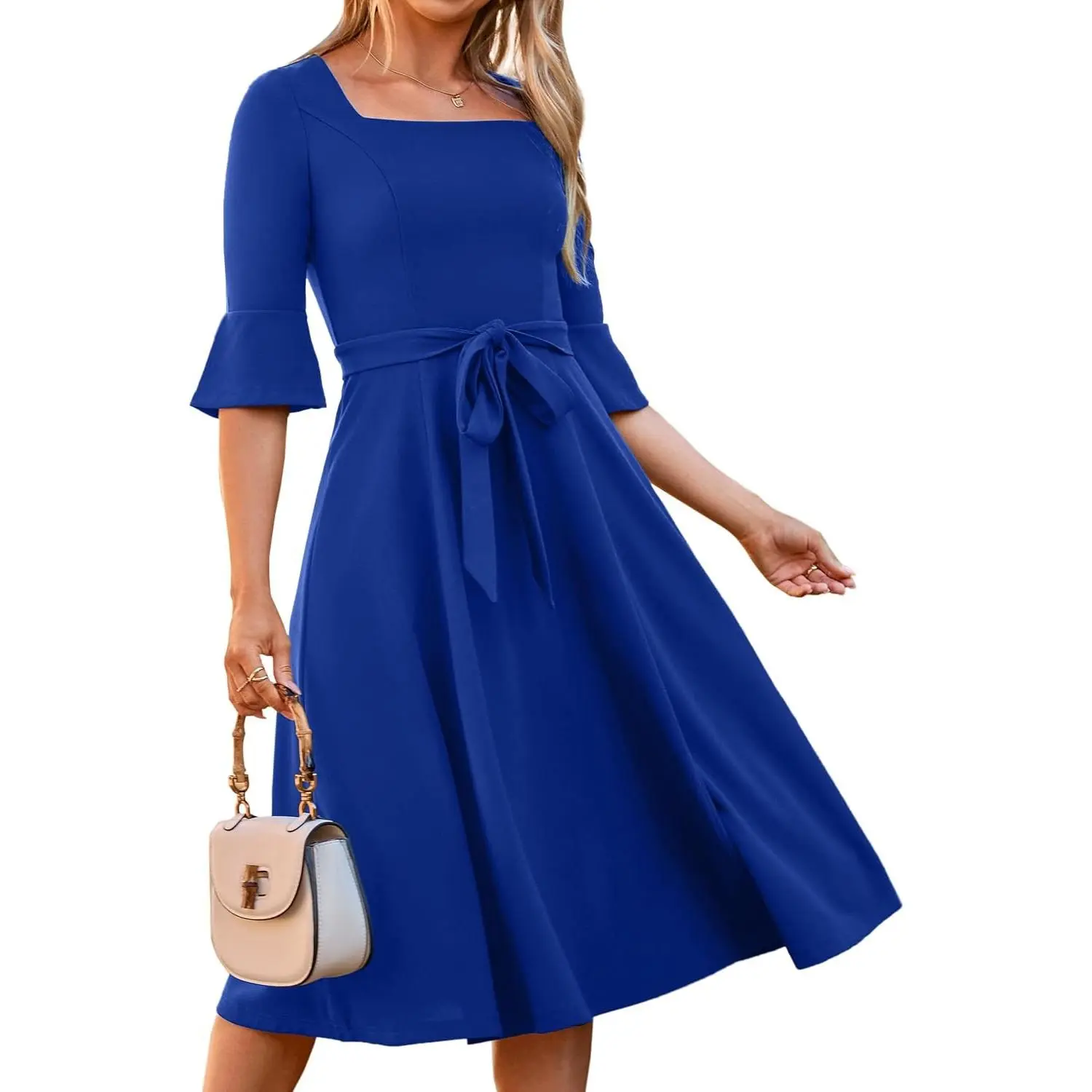 Womens A Line Midi Dress Bell Sleeve Semi Formal Cocktail Dress Short Funeral Church Party Prom Belted Dresses
