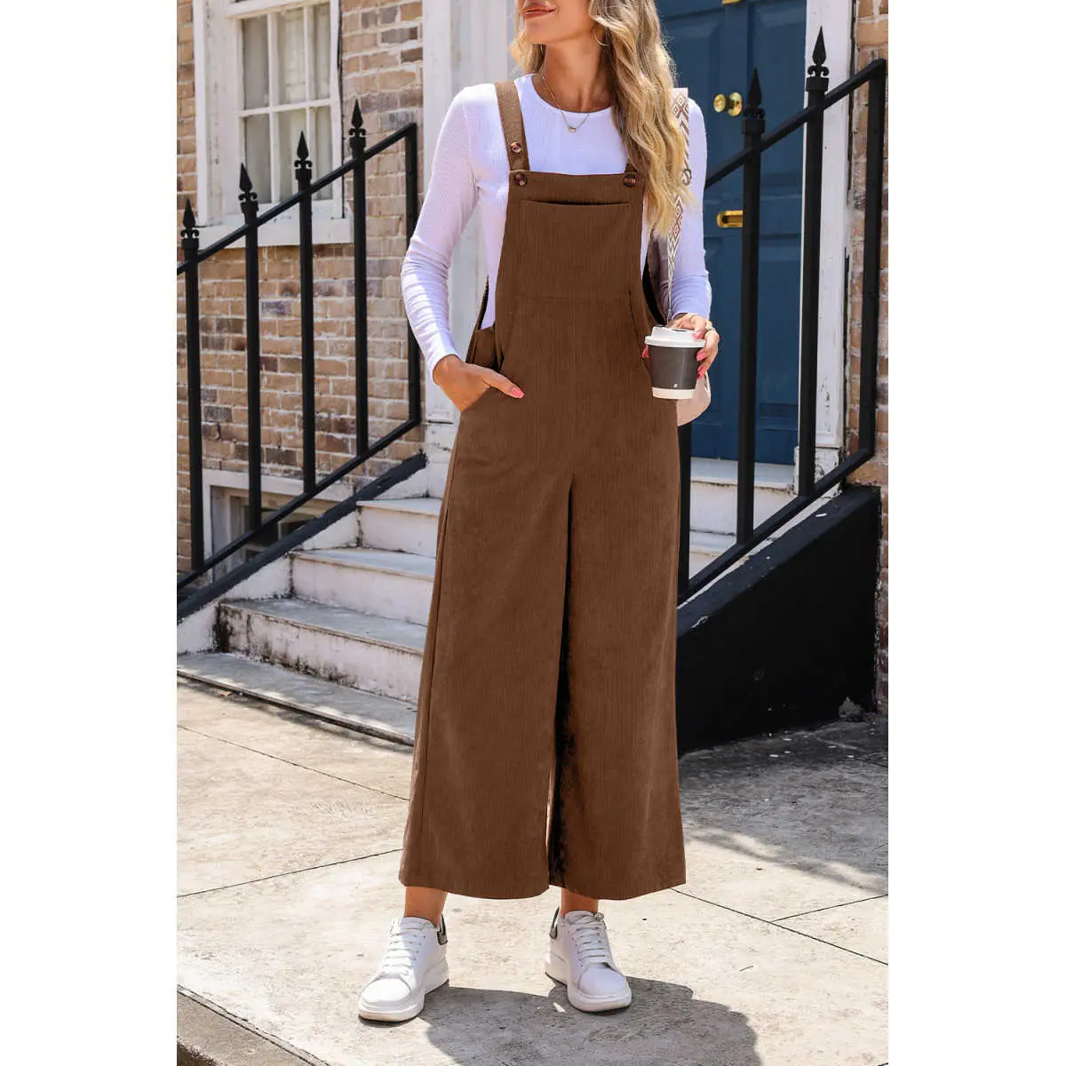 Brown Solid Color Corduroy Wide Leg Bib Overalls