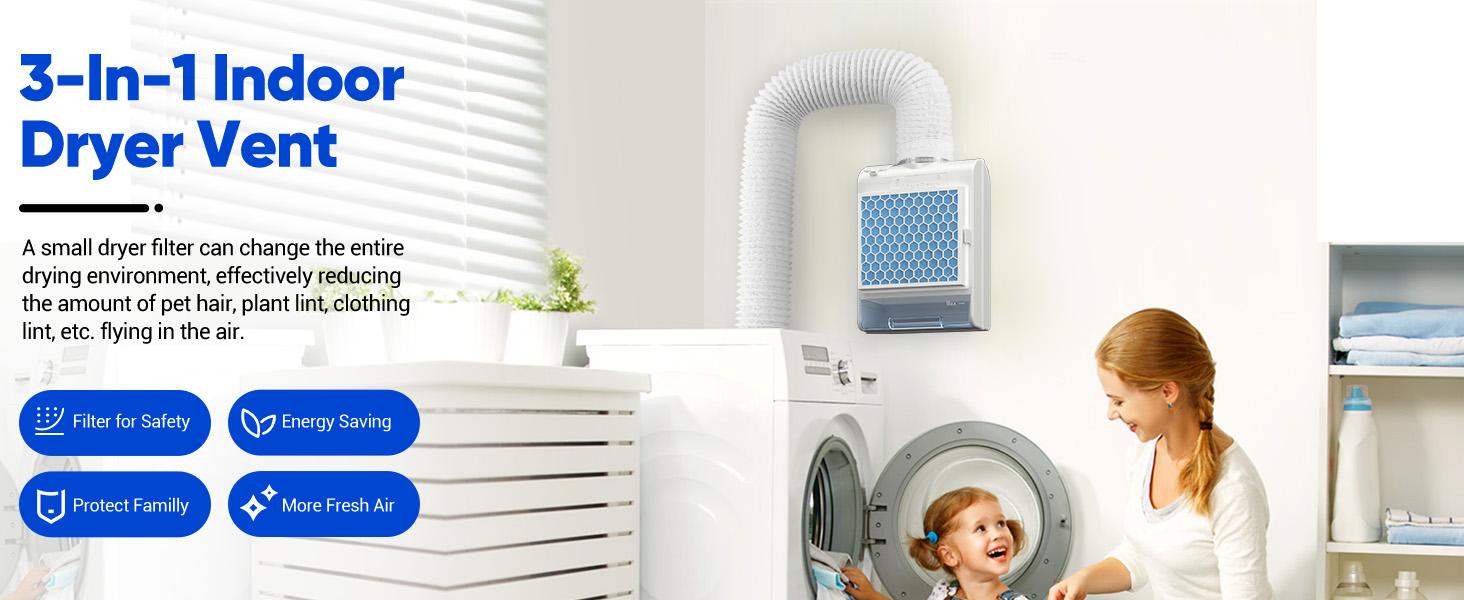 3-in-1 Indoor Dryer Vent Kit for Electric Dryer, Dryer Vent Box with 10 Pieces Polyester Filters, Stainless Steel Screen Filter and Water Drawer System (Vent Hose Include), White
