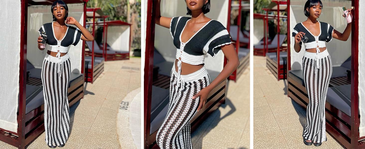 Skirt Sets Women 2 Piece Outfits Crochet Crop Tops and Striped Maxi Skirt Vacation Outfit Hawaiian outfit Featuring an openwork knit texture design Suitable for vacations, beaches, and cruises Valentine's Day
