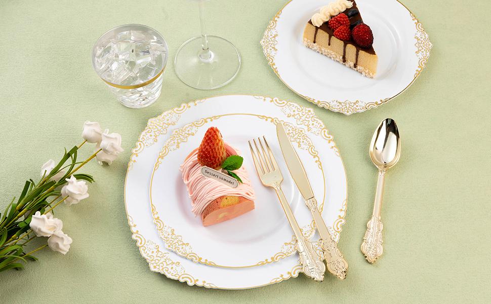 100 Pack Heavyweight Gold Plastic Silverware Set 300 Cutlery & 100 Pre-Rolled Napkins for Wedding Party Christmas Anniversary Decorations Supplies - Disposable Plates