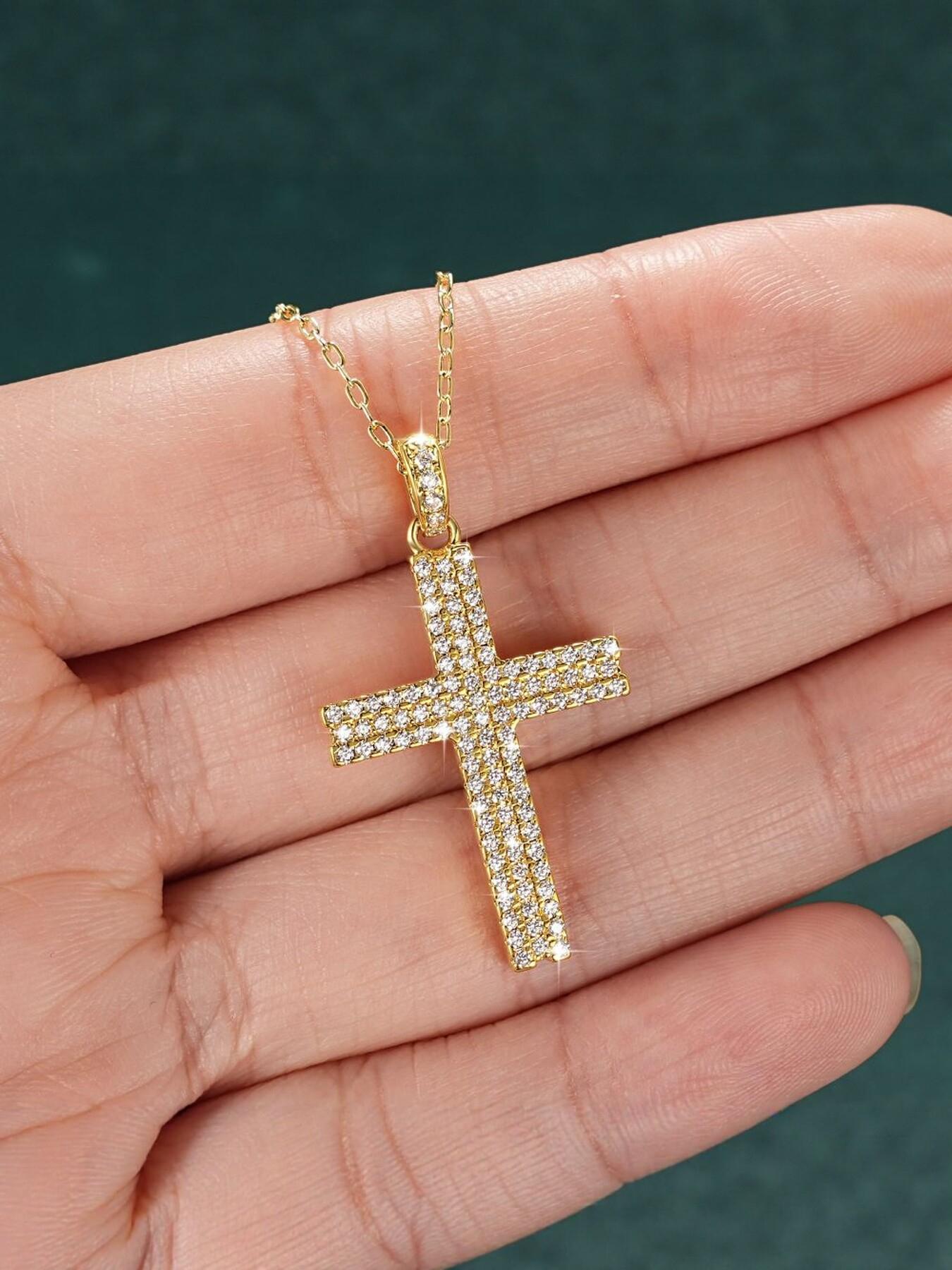 Double row diamond cross necklace, ice cut CZ diamond Christian cross pendant, 14K gold-plated hip-hop men's and women's religious jewelry, baptism confirmation gift