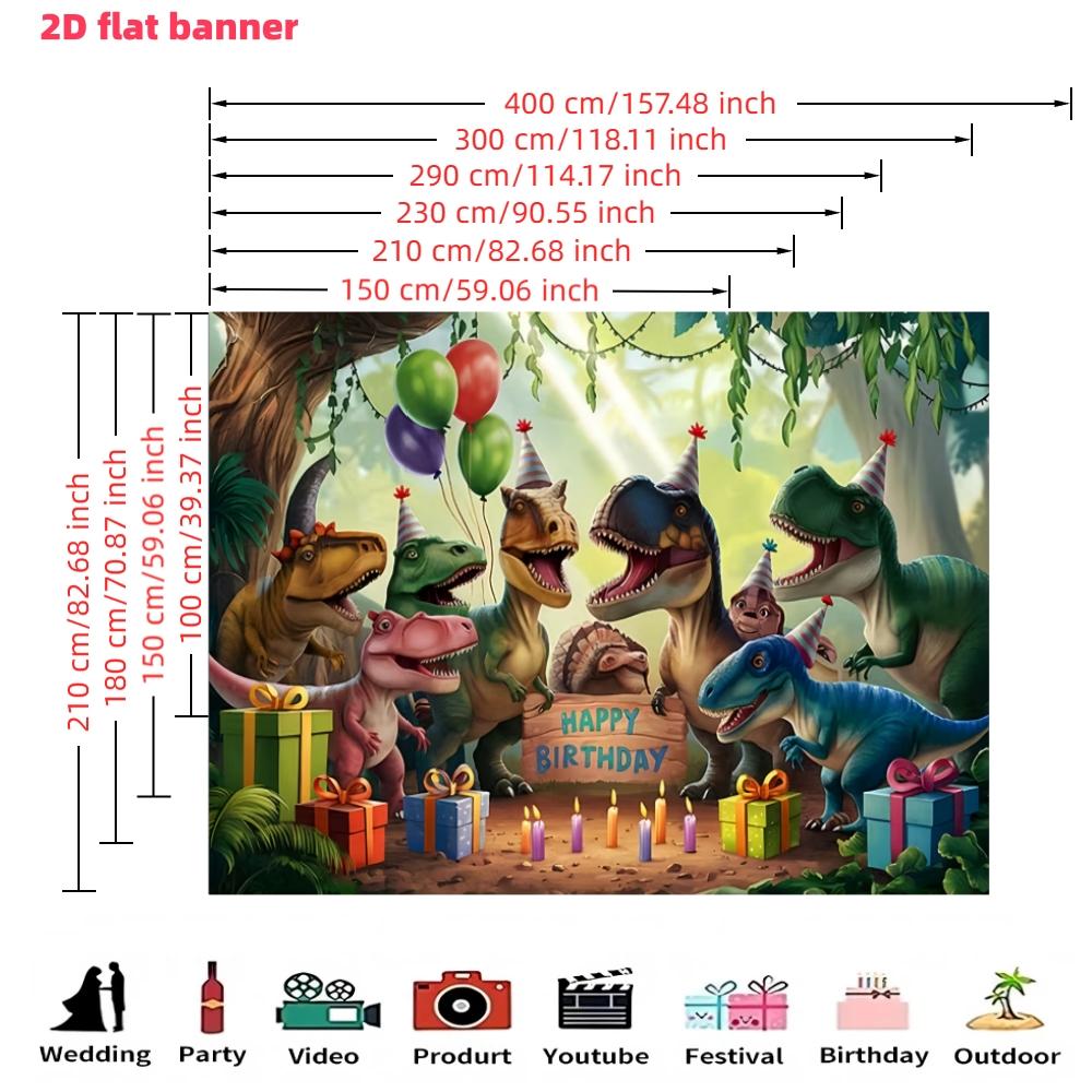Dinosaur birthday party background banner with cartoon dinosaurs, balloons, and gifts, decorated with polyester material background cloth, suitable for photo booths, parties, birthdays, celebrations, and indoor and outdoor home birthday party decoration