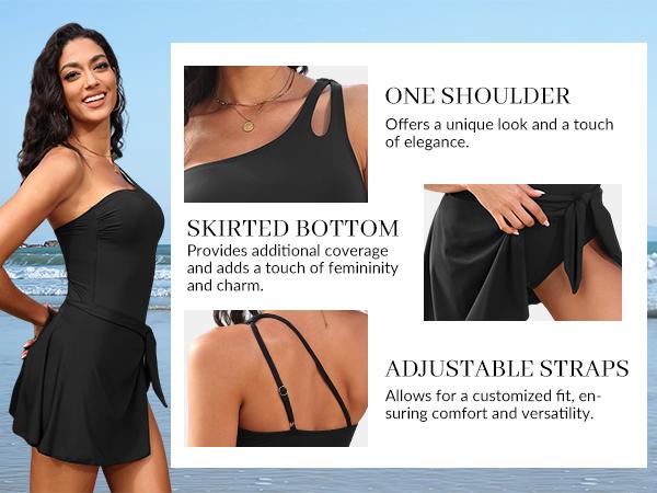 Daci One Piece Swim Dress - Women One Shoulder Tummy Control Swimsuit with Skirt Skirted Bathing Suit Swimdress