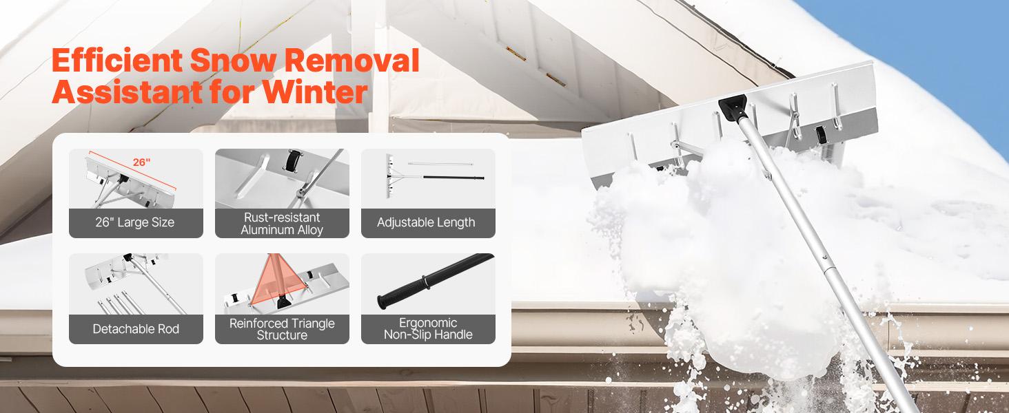 VEVOR Snow Roof Rake, 26 in Aluminum Blade, 7.5-20 ft Adjustable Roof Snow Scraper with Wheels, Anti-Slip Handle Snows Removal Tool, Lightweight House Rooftop Rake for Leaves Debris Removal