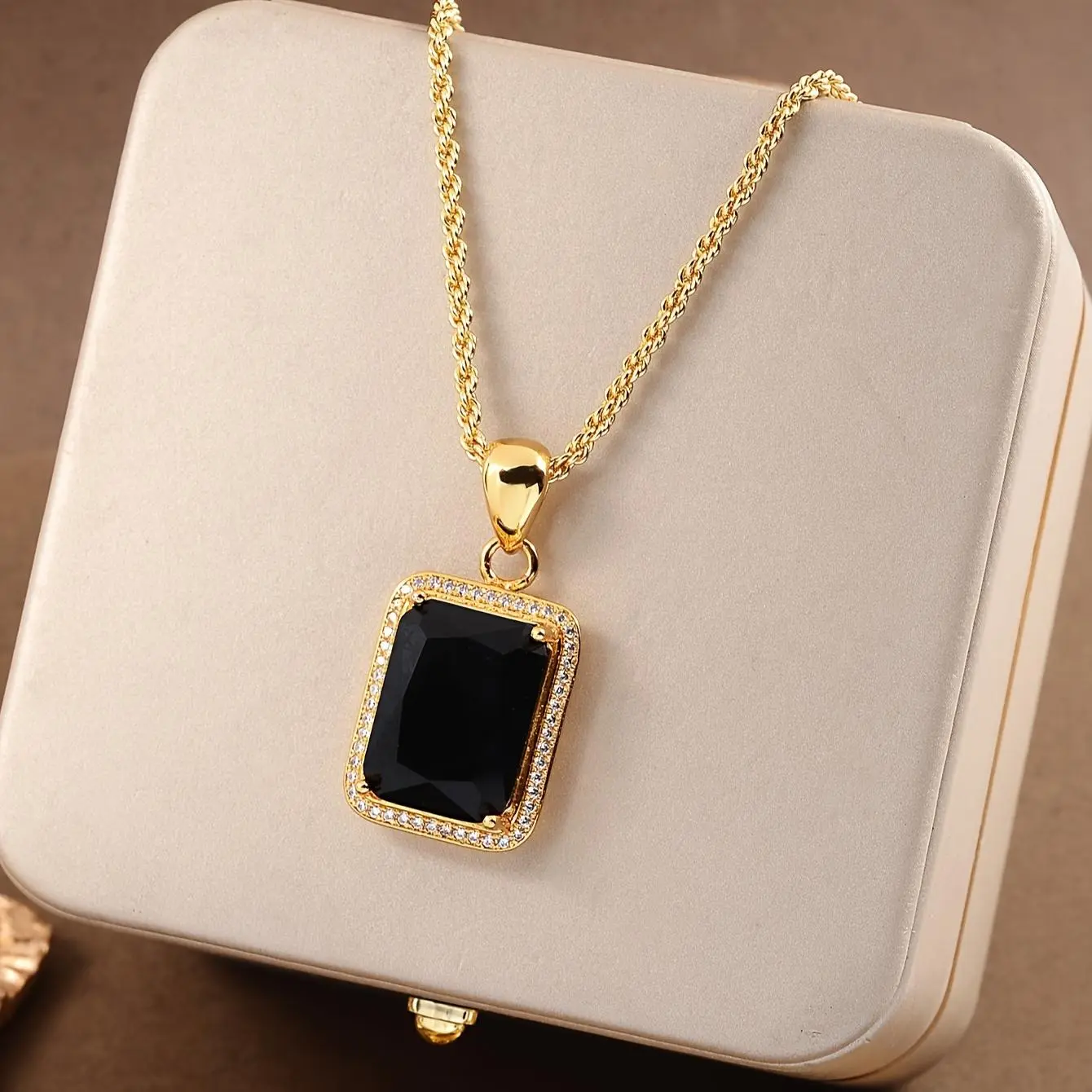 Square Black Gemstone Necklace, Box Not Included