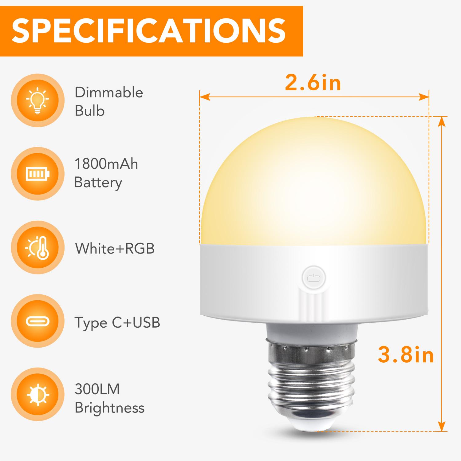 DAYBETTER E26 Rechargeable Light Bulb with Remote & Timer 3 Color Temperatures 12 RGB Colors Dimmable for Sconces Lamps Magnetic Non-Hardwired Fixture 5W 300 Lumens Type-C USB Charge