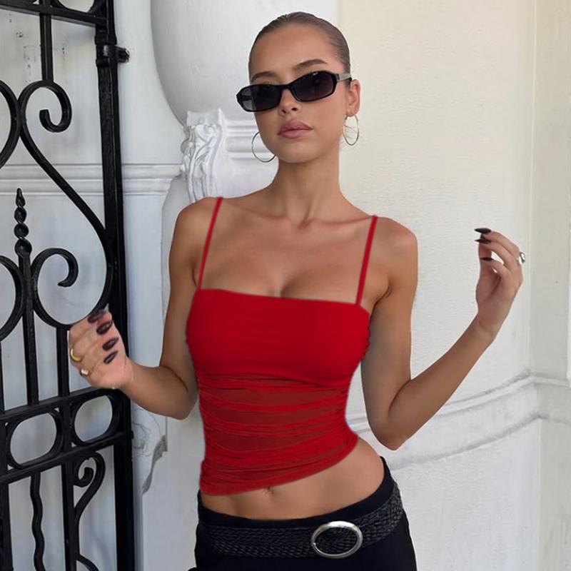 Women's Solid Sheer Short Cami Top, Fashion Casual Sleeveless Top for Daily Outdoor Wear, Women Clothing for Summer, Womenswear
