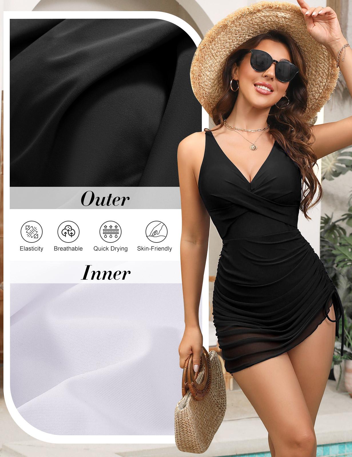 Women One Piece Swimsuits Tummy Control Swim Dress Front Cross Bathing Suits Mesh Sheer Sarong Wrap Slimming Swimwear