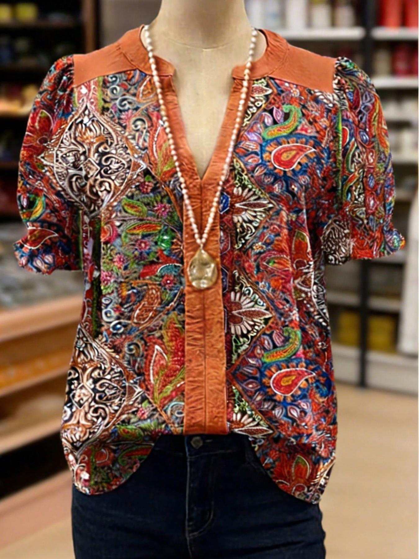 Plus Size Women's Vintage Patchwork Paisley Print V-Neck Chiffon Blouse, Shirts, Bubble Sleeve Loose Fit Short Sleeve, Boho Summer Top