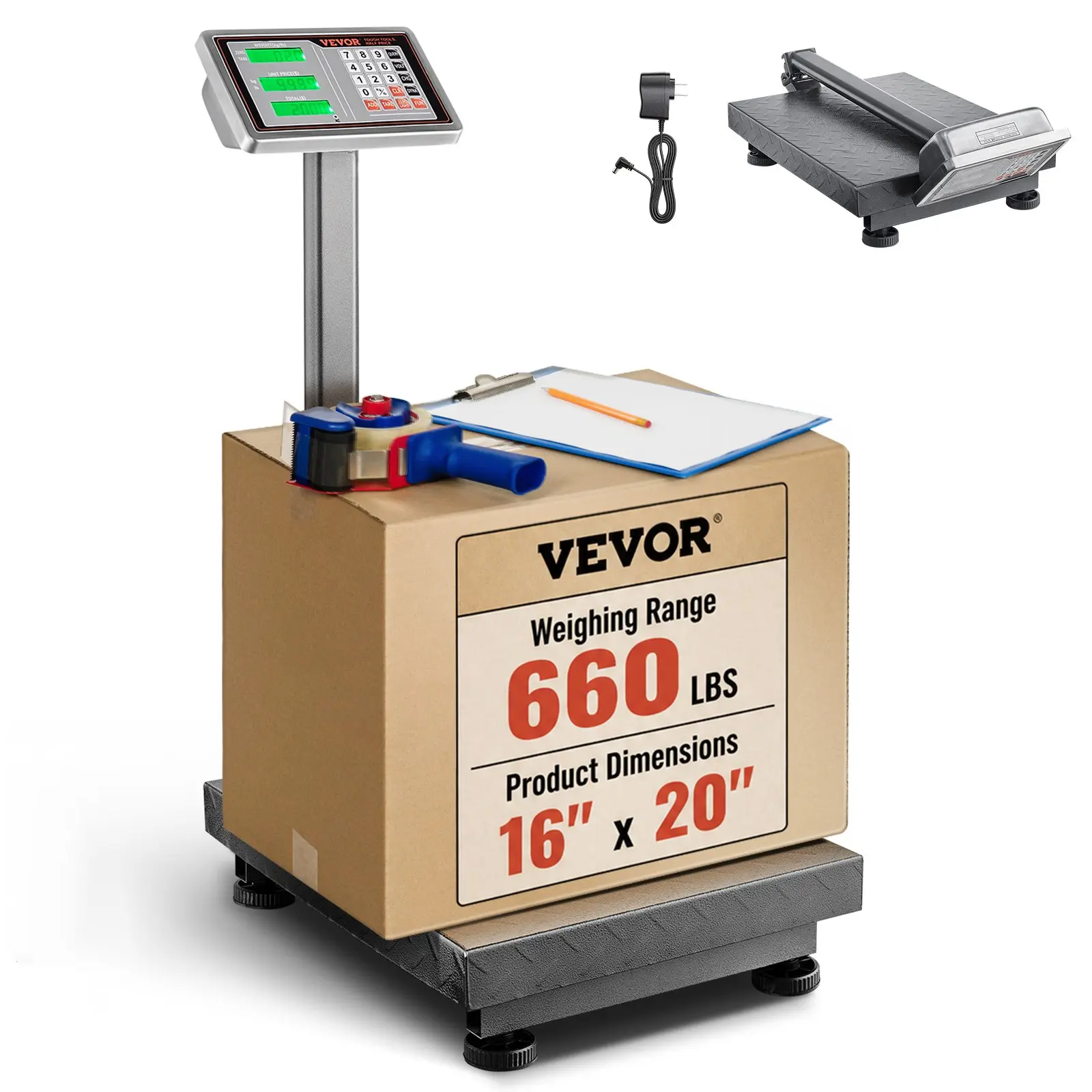 VEVOR Industrial Computing Digital Platform Scale, 660lb Load Capacity, 0.1 Accuracy, LB/KG Switch, Tare & Price Calculator, Stainless Steel HD Display, FCC Listed for Boxes/Luggage,toolupgrade